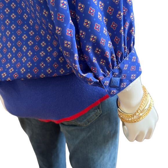 Vintage 80s Lindsey Blake Cobalt Blue Asymmetrical Button Blouson Top, 16 - Picture 5 of 6